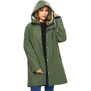 Women Upgrade Green Long Hooded Waterproof Rain Windbreaker Trench Coat Outdoor